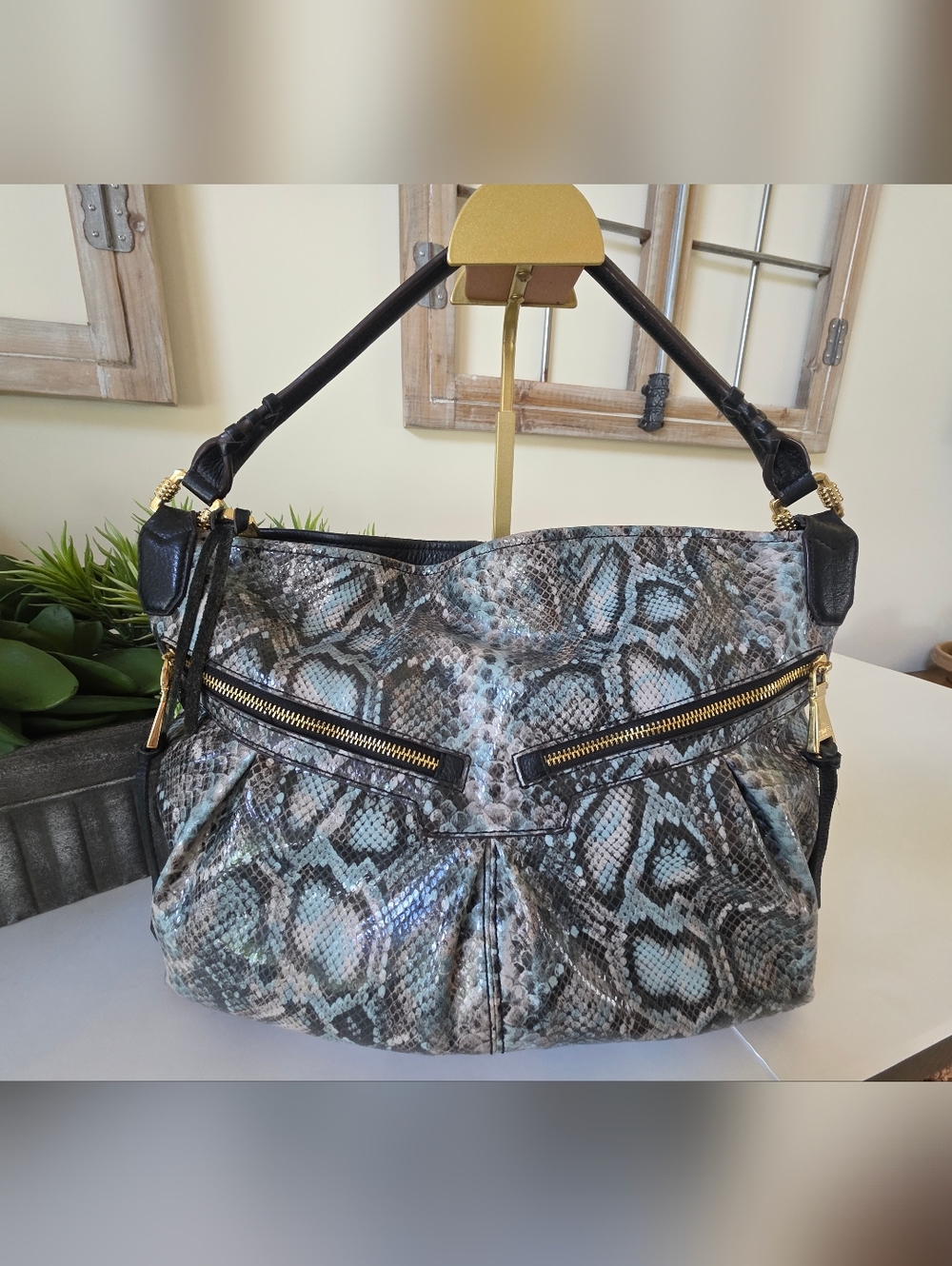 Aimee Kestenberg Snakeskin Embossed Leather Hobo Bag Gray Black Pale Blue